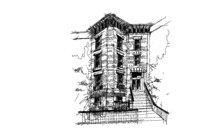 A sketched image of the exterior of a Brooklyn brownstone