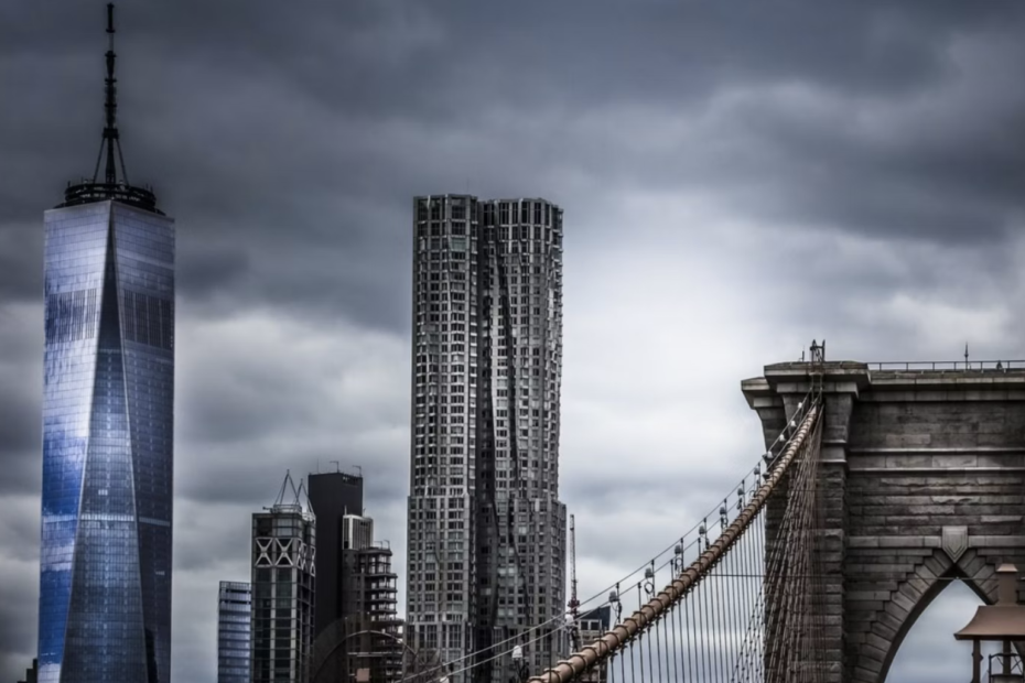 NYC skyline against stormy sky